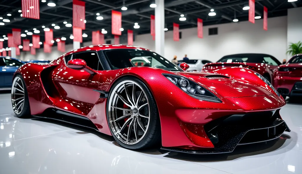 A highly customized Rimac C Two with an ultra-modern, low-riding stance, sitting in a luxury auto showroom. The vehicle features a sleek, glossy red paint job with intricate reflections on its surface. It has massive, chrome multi-spoke wheels with ultra-l...