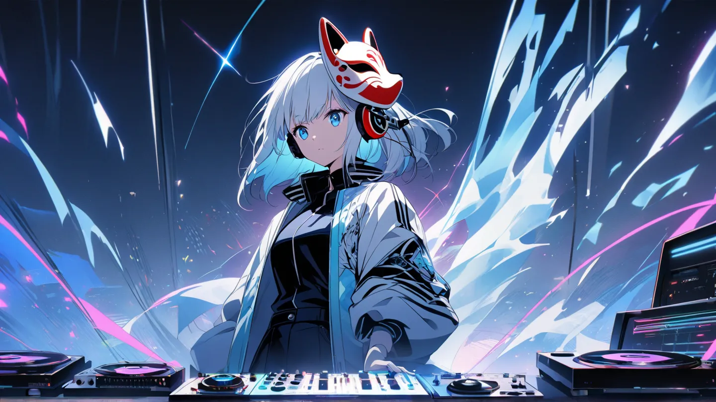 A high-quality, anime-style illustration of Yuki, the ‘Lofi Shrine Maiden of Snow,’ as a futuristic DJ. She wears sleek, wireless headphones and a modern sukajan jacket over a traditional white and blue kimono, blending traditional Japanese aesthetics with...