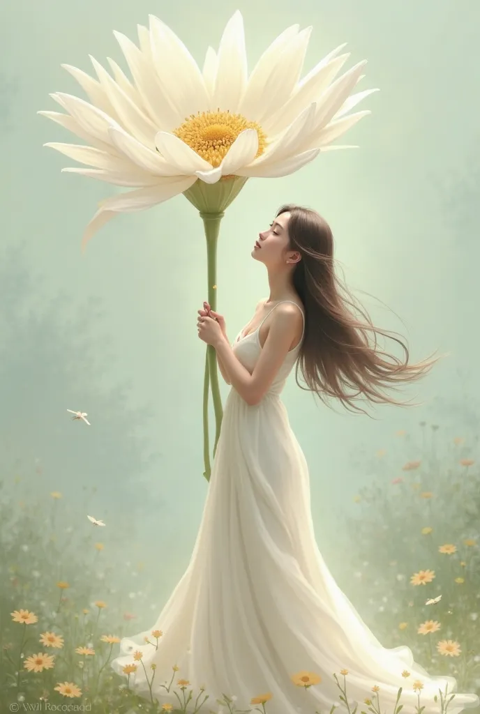  girl in a white dress, brunette with long hair, holds a large white flower with its hands, The flower is higher than her 