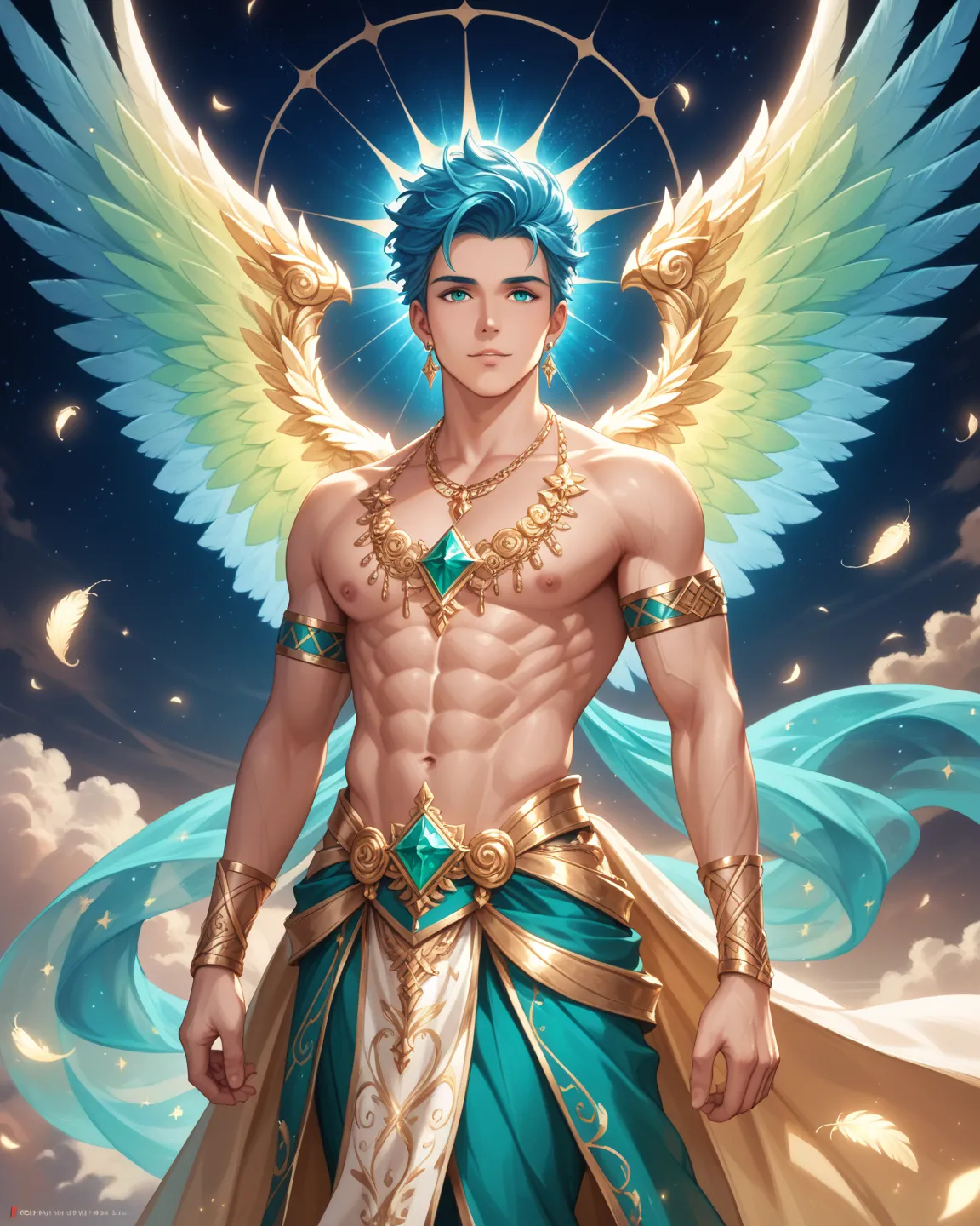 "A majestic, ethereal male angel with vibrant turquoise and emerald-green wings, glowing with a divine aura. He has striking blue hair adorned with delicate golden ornaments and floral decorations. His chiseled, muscular body is partially covered with eleg...