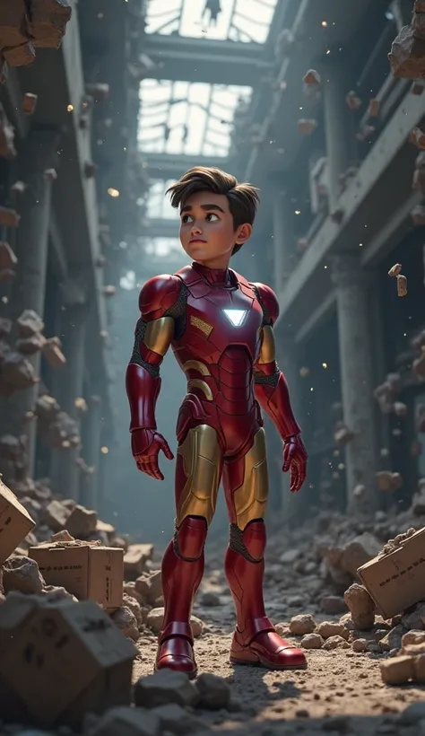 Ultra quality 3D cartoon scene. Inside a devastated military base, with boxes of weapons and debris destroyed by ground, Iron Man's son (s) is in the foreground, without weapons in the hands. He has one hand pointing forward, as if he were indicating somet...