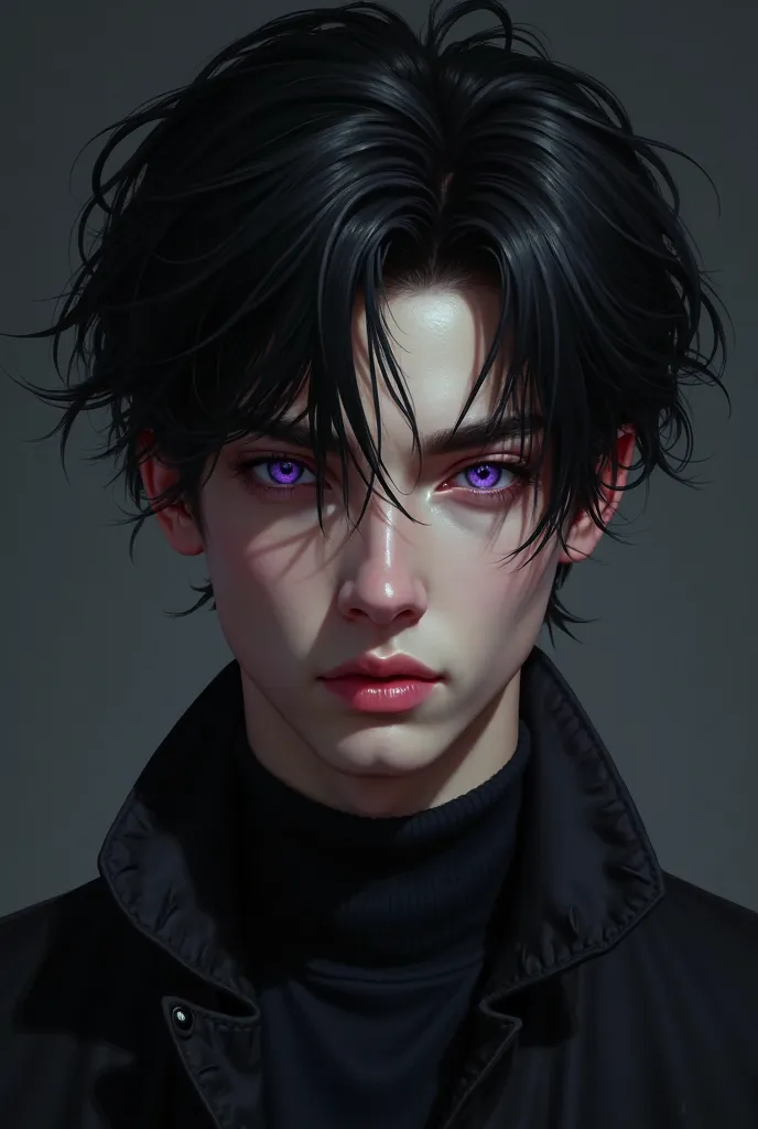 A young man, dark or black hair, purple eyes, dark clothes