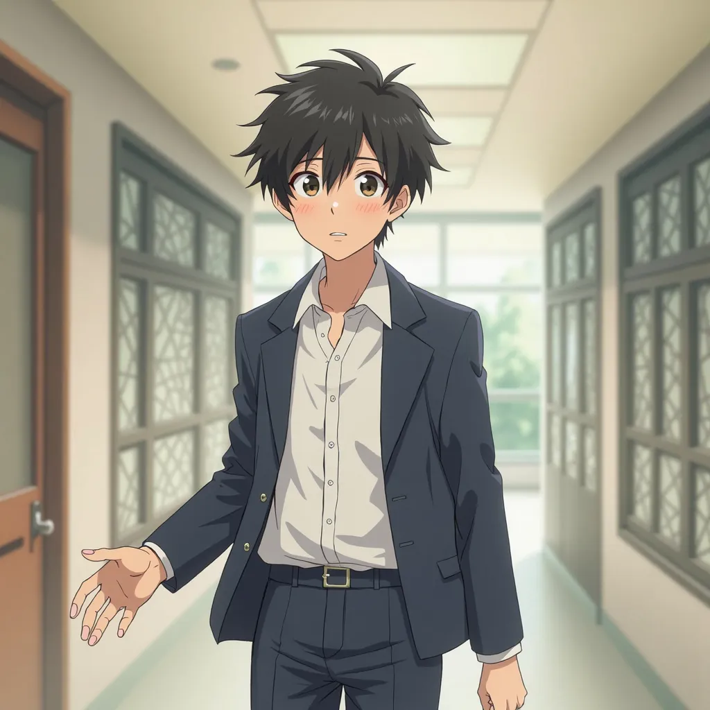 anime character named hiro hayashi, the highschool loser main character of a romance anime, black hair brown eyes in school uniform
Dont give him a normal shirt give him a button down