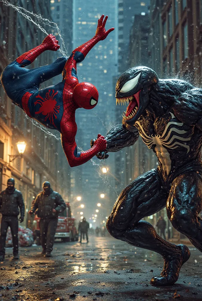 "An intense action scene where Spider-Man flips backward in mid-air, skillfully shooting webs at Venom. Venom, with his monstrous grin and glowing white eyes, effortlessly tears through the webbing, showcasing his brute strength. He taunts Spider-Man with ...