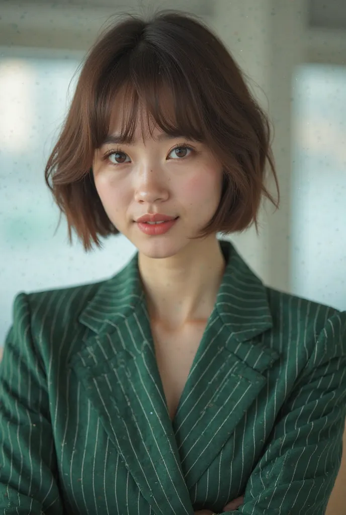 A young 20-year-old girl. Short brown hair with bangs. has a natural and completely European and Russian face.is not Korean and Oriental at all . is wearing a striped green suit and is in an office office.a real image from the real world