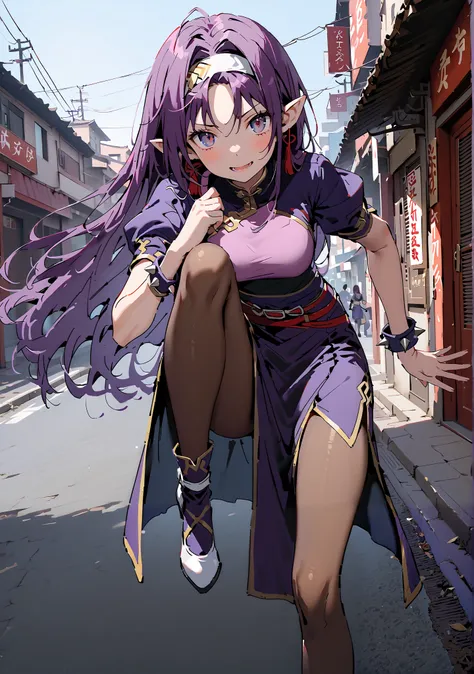 score_9, score_8_up, score_7_up,  source_anime,
 yuukiKonno, Konno Yuuki, headband, long hair, pointed ears, purple hair, red eyes, double chauban ,serious,and open your mouth,chunlicosplay, Chunli \(cosplay\), blue  dress, boots, bracelet, brown pantyhose...