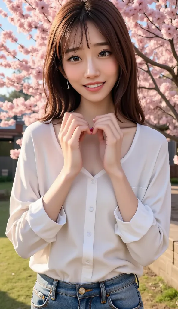 gesture of bringing both hands in front of the body、 realistic、、Illuminated by、Smiling Japanese Women、Yuru Yuru's white shirt、denim skinny pants、Black hair, smooth, long、Chest is flat、outdoor natural background 、sunlight under a cherry tree、soft expression...