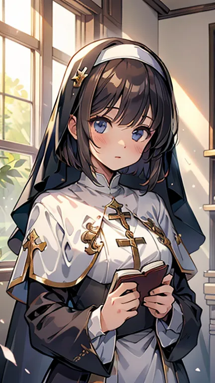 Ragnarok Online　Priest　Hairstyle short bob dark brown　dark blue monastic suit （ Long Sleeve Dress）　Nun's Veil　 holding a book in one hand　expressionless