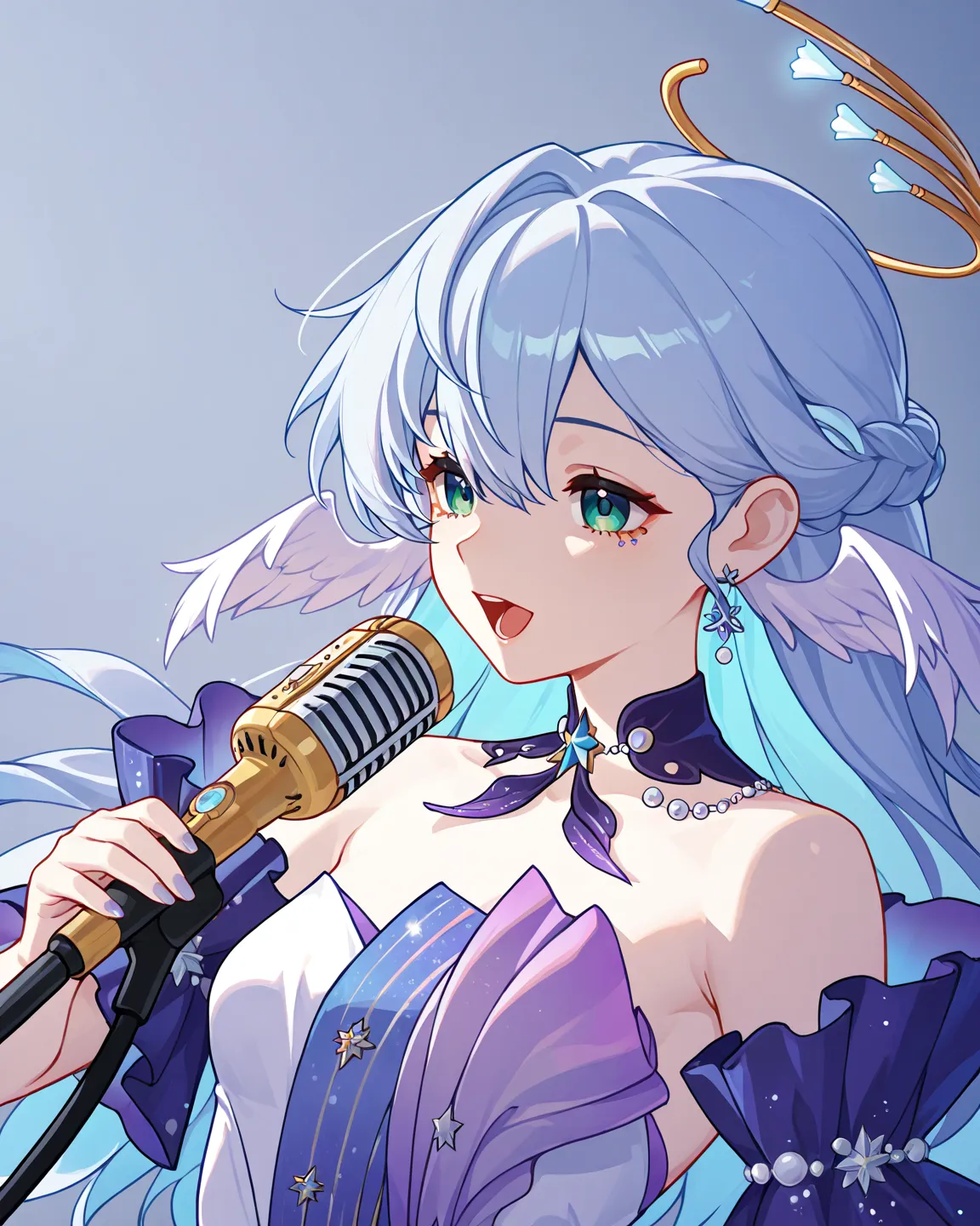 1 girl,robin (honkaistarrail),honkaistarrail,blue light hair,small breast,singing with michrophone,pretty face,elegant pose,half body,white simple background, potrait shot,pretty vibe,