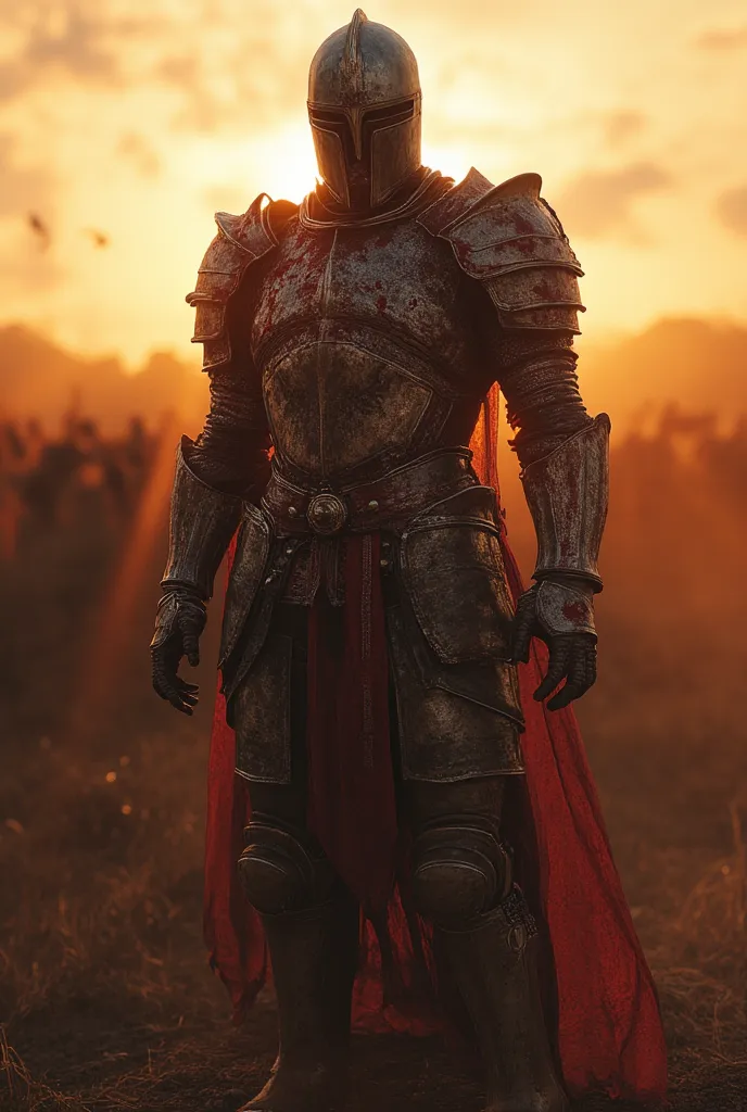 (Real:1.2), Masterpiece, (Best Quality), (Ultra Realistic), Sharp Focus, Top Quality, 1 Man, Wearing a Closed Knight Helmet, Armor Gleaming in the Sun, Photorealistic, Bloodied Body, (Accurate Anatomy), Ultra High Quality, Ultra High Realistic Quality, Kni...