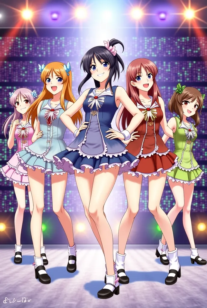 Illustration of five anime girls in vibrant costumes, possibly game characters, against a stage-like background with colorful lights.