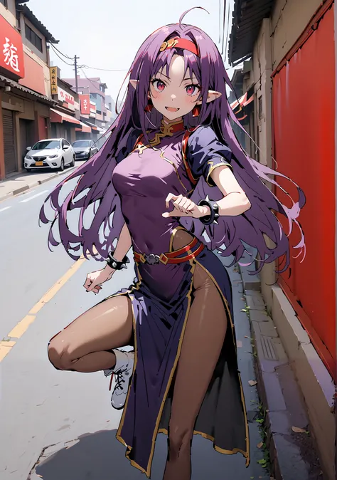 score_9, score_8_up, score_7_up,  source_anime,
 yuukiKonno, Konno Yuuki, headband, long hair, pointed ears, purple hair, red eyes, double chauban ,serious,and open your mouth,chunlicosplay, Chunli \(cosplay\), blue  dress, boots, bracelet, brown pantyhose...
