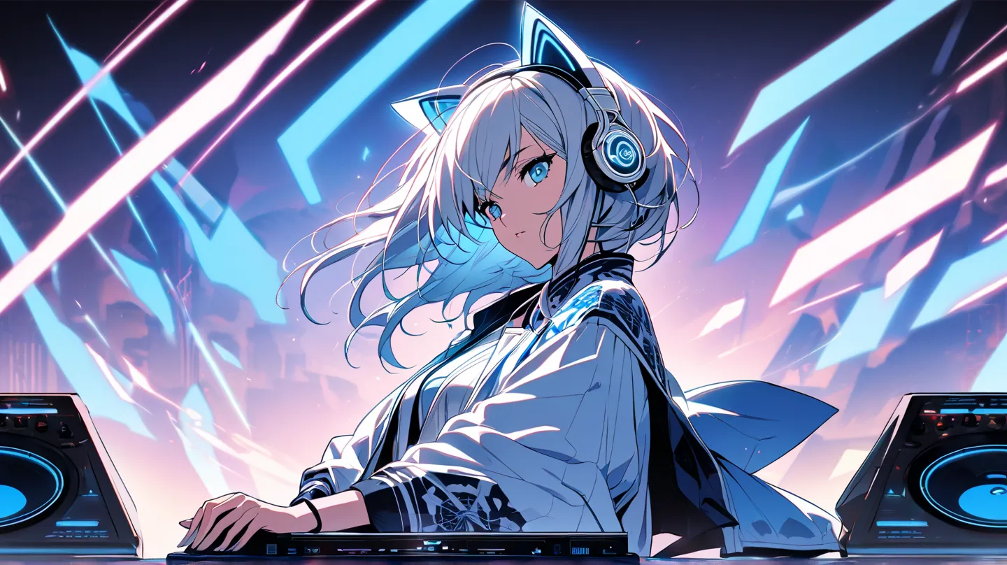 A high-quality, anime-style illustration of Yuki, the ‘Lofi Shrine Maiden of Snow,’ as a futuristic DJ. She wears sleek, wireless headphones and a modern sukajan jacket over a traditional white and blue kimono, blending traditional Japanese aesthetics with...