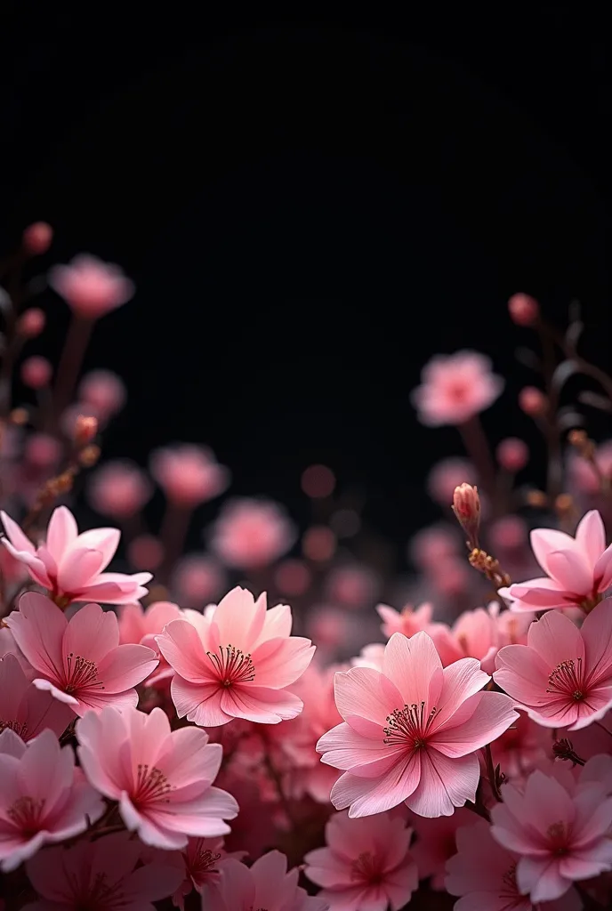 lots of pink flowers on a black background are arranged below as a field of flowers