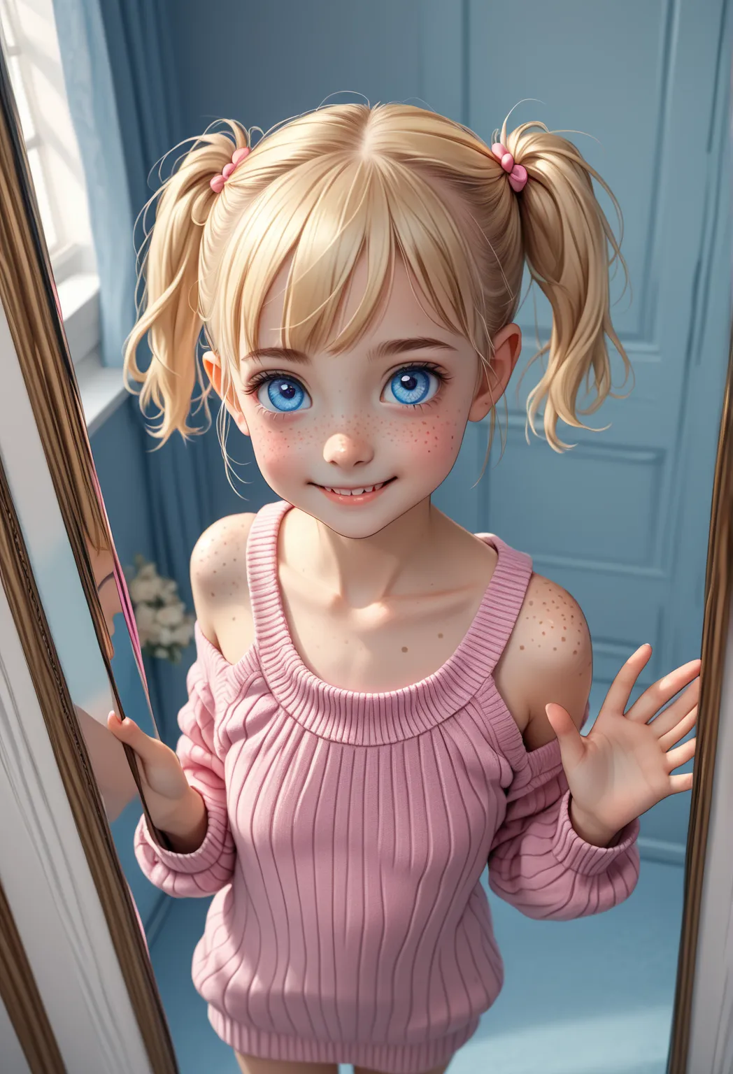 8K, best quality, ((7yo girl)), cute, ((flat chest like a boy)), (Blonde hair worn in very short twintails), perfect hair, blue eyes, heavy freckles, (Petite body:1.2), Slender arms, small waist, slim legs, narrow hips, Heart shaped face, Gap-toothed smile...