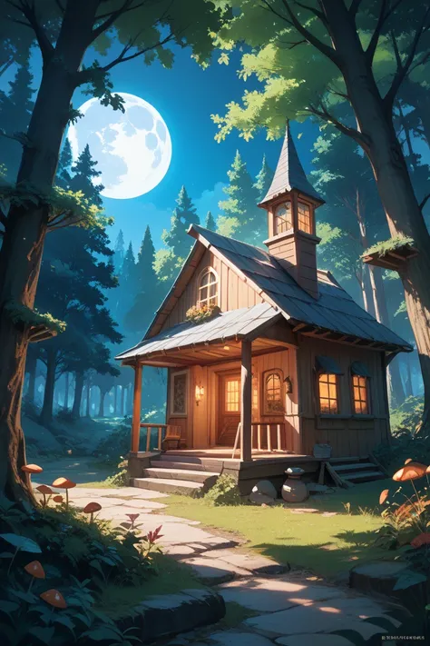 night　Dinner for the Little Ones　mushrooms　Wooden House　forest　 full moon　fireplace　I can see the inside of the house 　