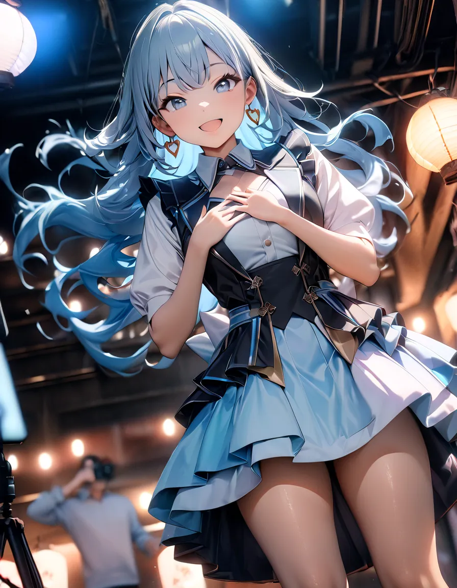 (8k, RAW photo, 最high quality, masterpiece:1.2), high qualityなRAWカラー写真, Professional photo shoot,  Cinematic Lights , alone, (((1 girl))),  Lantern, long hair, wave hair, blue eyes,  jewelry, earrings, idol costume, Cute frills,  pastel blue ,  beautiful t...