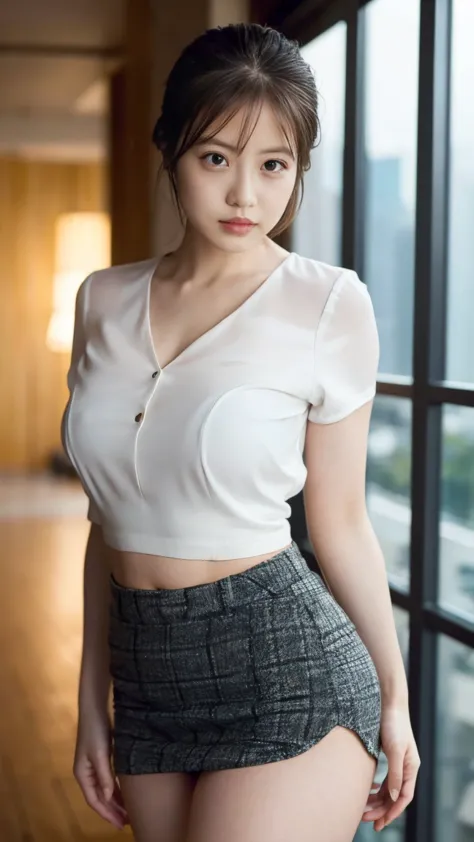 masterpiece, best quality, 1 girl,  sexy blouse,  Sexy Miniskirt 、the way, wet hair, provocative look, City , high detail、Skyscrapers、 serious expression、Beautiful belly button