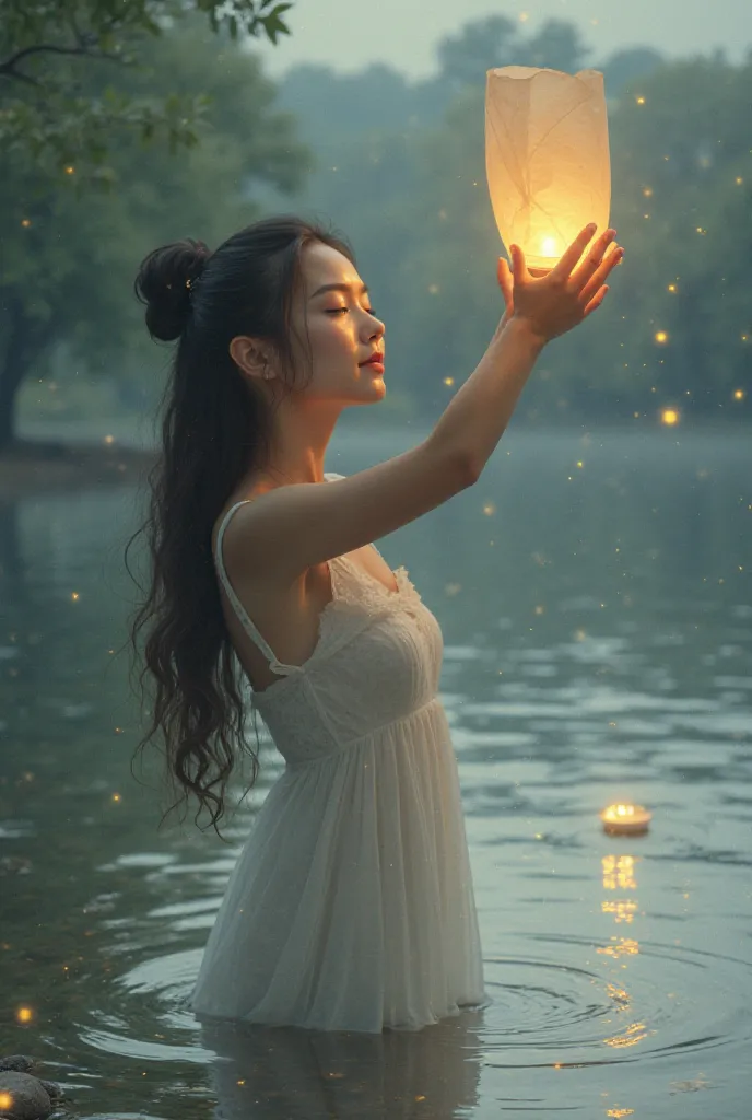 Memories and Habits Set Aside – A person gently placing their past memories and repetitive actions into a flowing river or a floating lantern, symbolizing release. Their face is calm and serene.