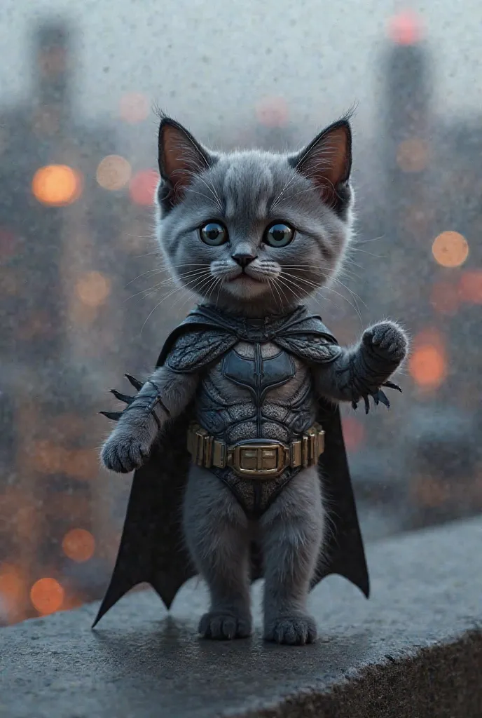 Realistic gray kitten dressed in the full costume and mask of Batman dancing on a rooftop