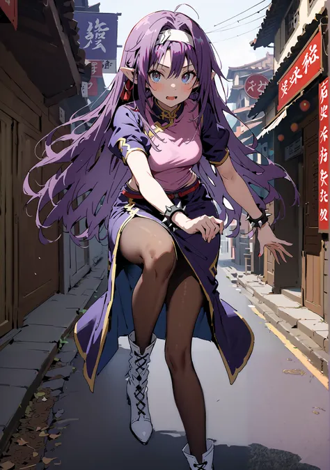 score_9, score_8_up, score_7_up,  source_anime,
 yuukiKonno, Konno Yuuki, headband, long hair, pointed ears, purple hair, red eyes, double chauban ,serious,and open your mouth,chunlicosplay, Chunli \(cosplay\), blue  dress, boots, bracelet, brown pantyhose...