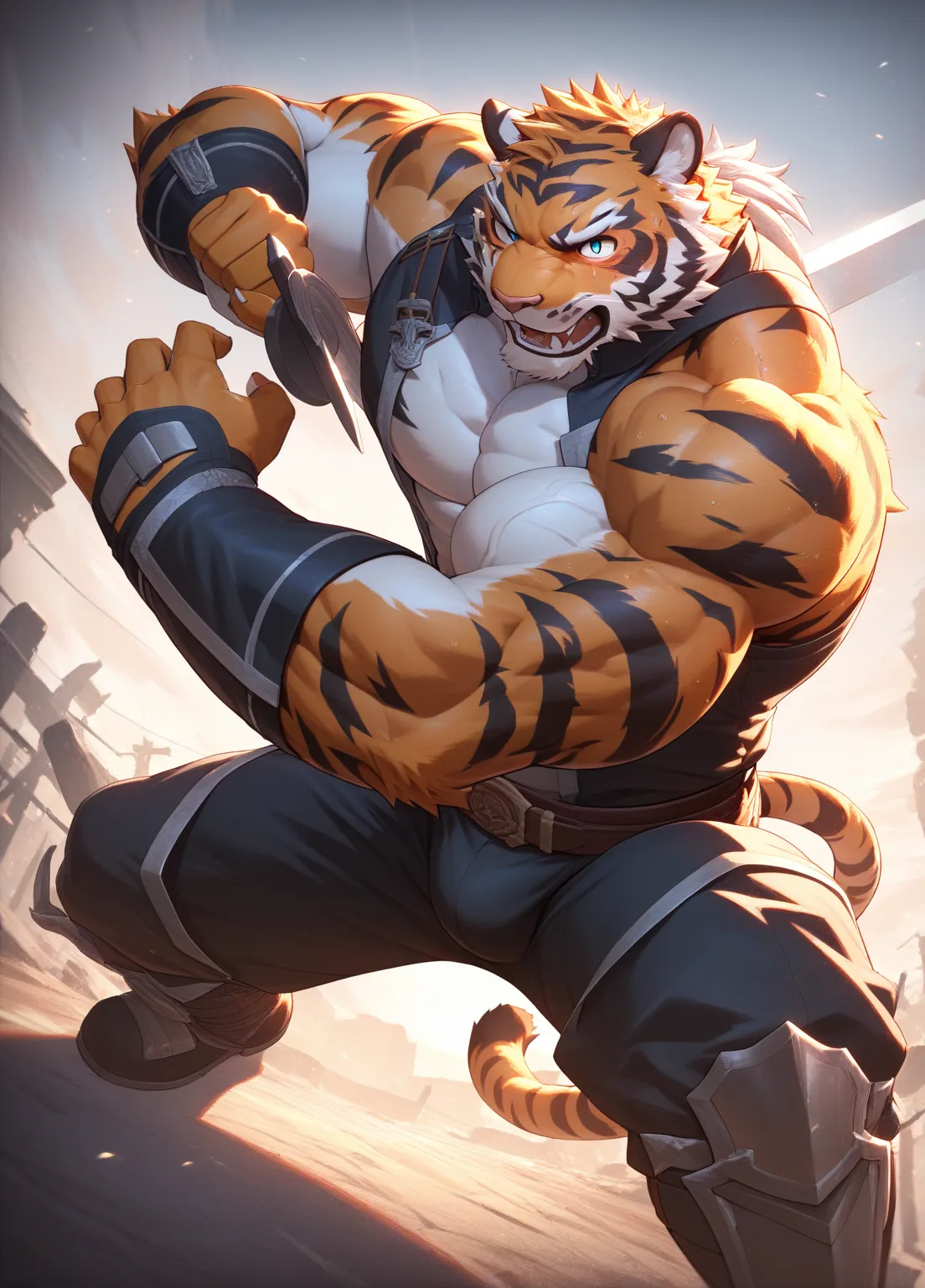 
//Quality

masterpiece, best quality, highres, 4k, very awa, ultra-detailed, 

//Character

solo, male focus, mature male, adult,

furry, anthro, tiger furry, tiger ears, tiger tail,

tall male, muscular male, very muscular, bara, bulge,

//Outfit

ancien...