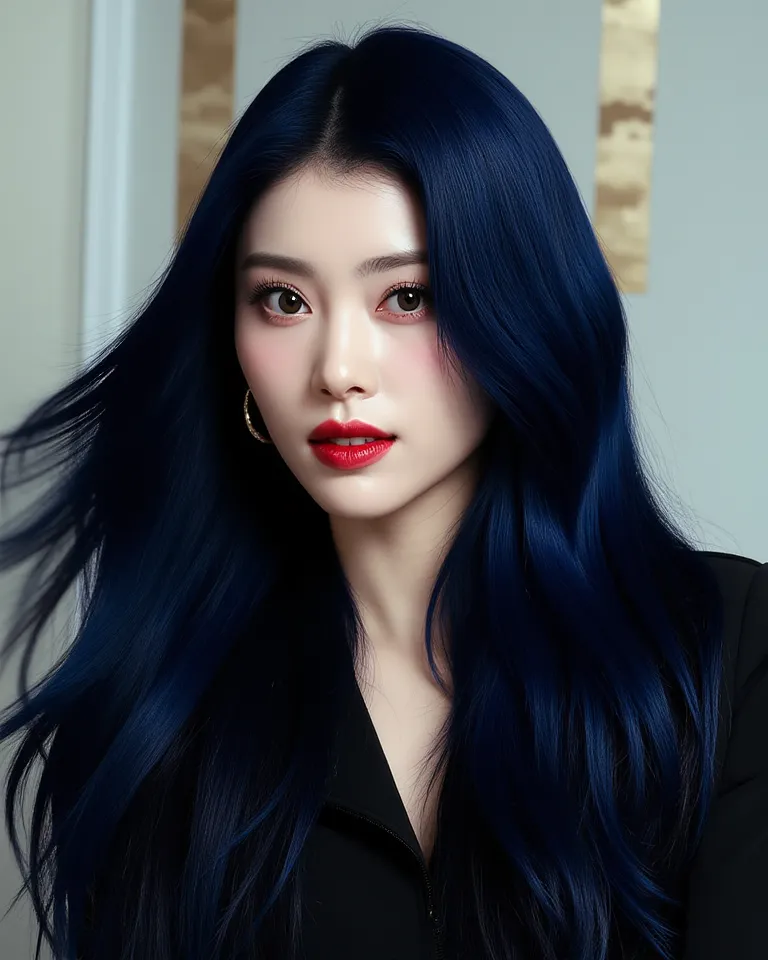 Shiny dark blue winelong hair , western make up , black outfit , , sexy    , shiny hairs , very stunning , dior , ถ่ายแบบ 