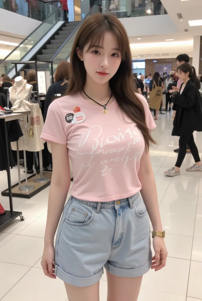 A 25 year old young woman, Having a slim body, her breasts are so big that there is a big bulge on her chest on her t-shirt.Big waist, and long brown hair.She was wearing a pink t-shirt, with writing and stickers on it. Wearing light blue shorts, and silve...