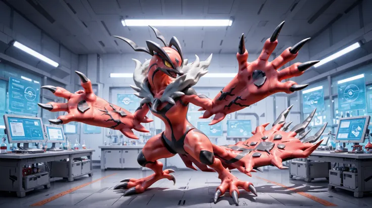 ((Yveltal /(Pokemon/))) and ((Xenears /(Pokemon/))), Laboratory indoors, powerfull auras, stron lights power, two pokemon on picture