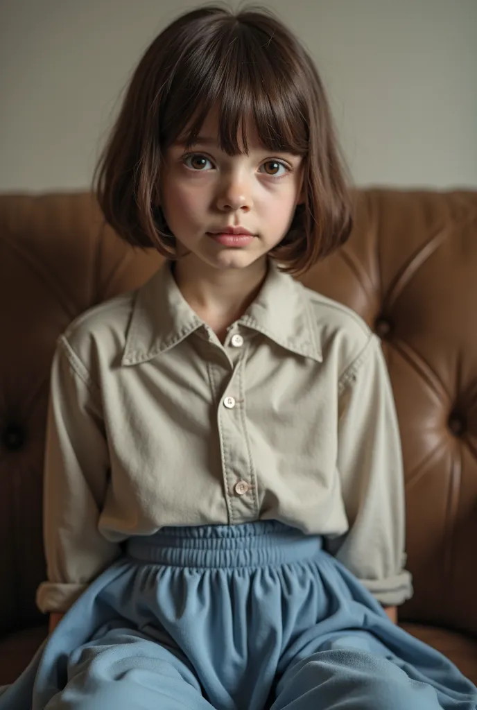 Young girl of 20 years old with brown hair and short with bangs. Wearing a long shirt and a blue skirt . A true picture . the girl is european. WITH COARSE EYES AND A CAT DRAWN UPWARDS. Beautiful and bold.Sitting on a chair