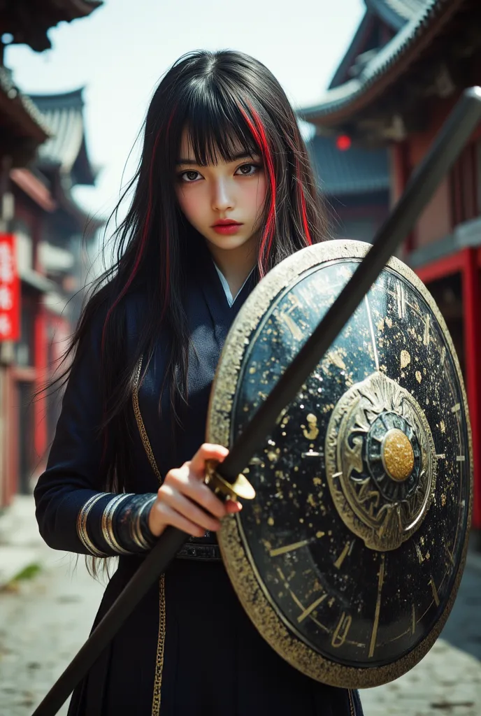 The Mirror Warrior 、Japanese、、pretty girl、long black hair、 with bangs aligned above her eyebrows 、Some of her bangs are dyed red 、 has a round shield polished like a mirror、 has a short, wide sword 、 background is a medieval city 、Top Quality、masterpiece、R...