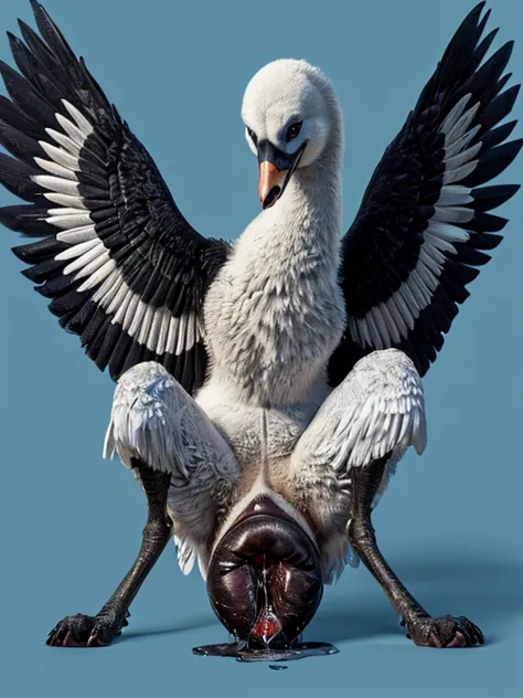  front view, solo feral swan, avian, ((((hyper gaping canine pussy, pussy juice)))), spread legs, spread wings, looking at viewer, beak, feathers, standing, blue blank background