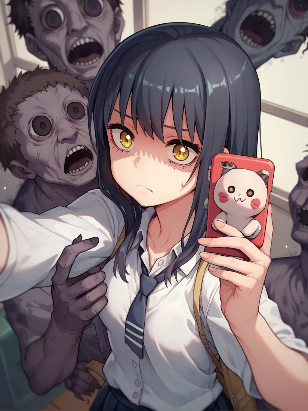 Score_9, Score_8_up, Score_7_up, Score_6_up, Source code_Japanese Anime, 1 Girl, school uniforms,  Yotsuya Yoshiko , alone,
ghost, Multiple boys, Selfie, Worry, constricted pupils,