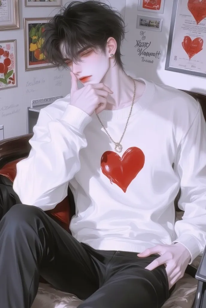 Anime boy sitting in a cozy room, leaning his head on his hand. He wears a white sweater with a red heart design and dark pants. The background features walls with handwritten notes and artwork, including posters with vibrant colors. The setting suggests a...