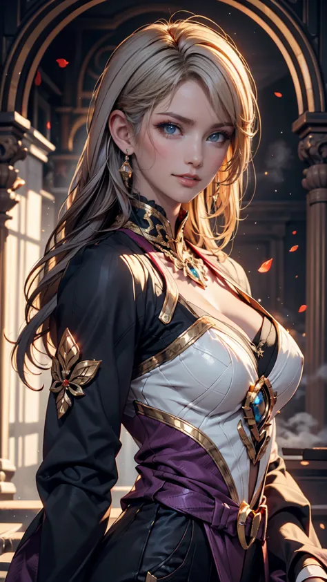 A  with pure white straight hair,  dark skin on the tip of the mouth, Latin ancestry,  purple iris ,  black tactical suit with gold thread、 wearing gold snake-shaped earrings . detailed eyes, detailed face, Complex grunge outfit, cinematic lighting, Realis...