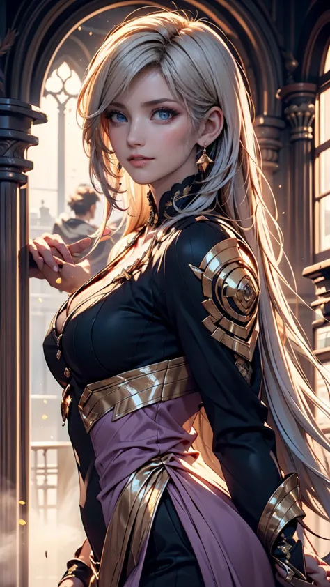 A  with pure white straight hair,  dark skin on the tip of the mouth, Latin ancestry,  purple iris ,  black tactical suit with gold thread、 wearing gold snake-shaped earrings . detailed eyes, detailed face, Complex grunge outfit, cinematic lighting, Realis...