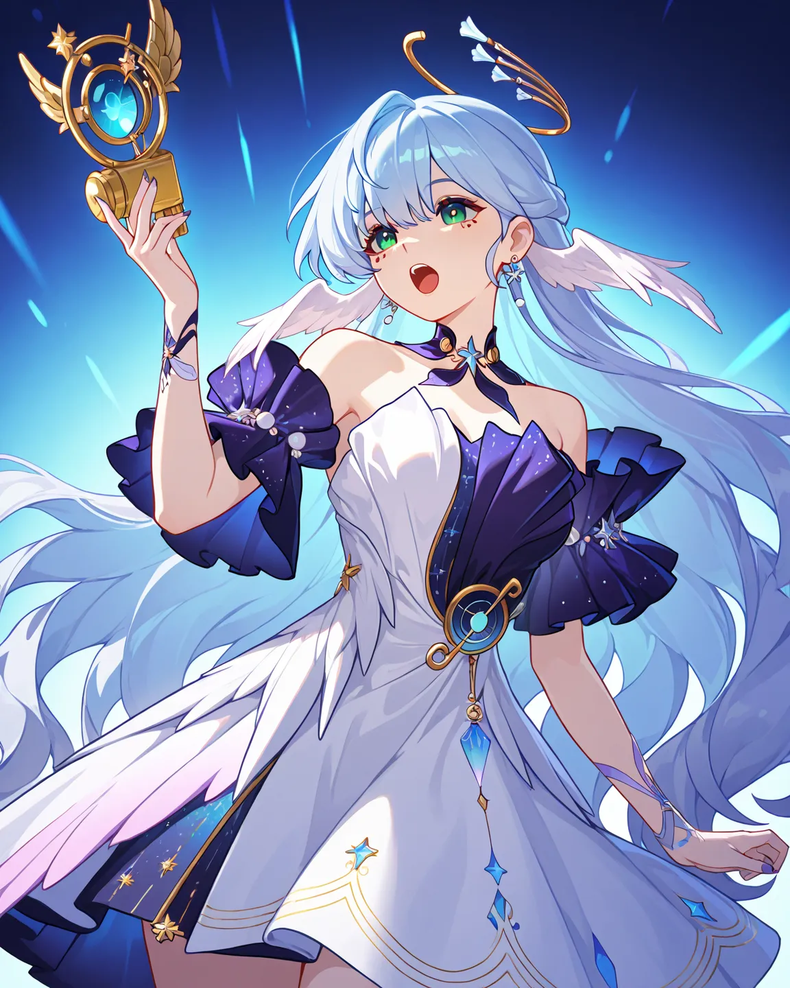 1 girl,robin (honkaistarrail),honkaistarrail,blue light hair,singing with michrophone,pretty face,elegant pose,half body,white simple background, potrait shot,pretty vibe,