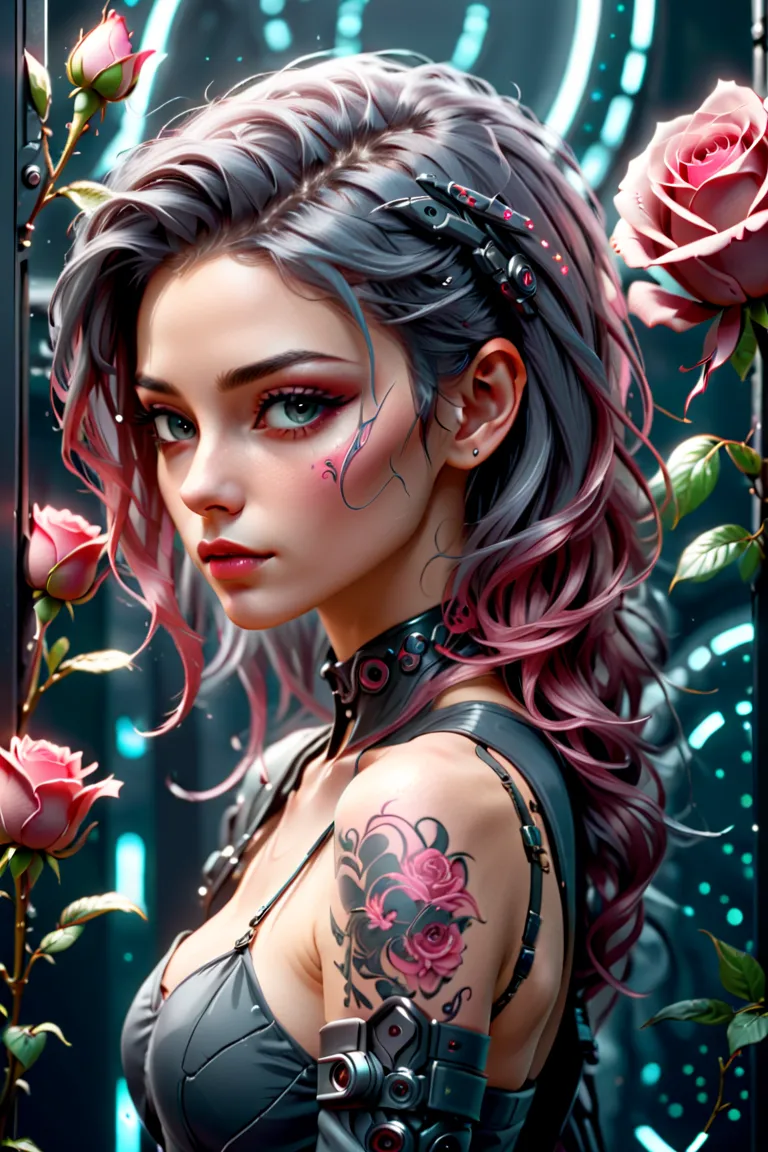 a close-up:1.4, ((dark gray panel width borders:1.5, a sensual and beautiful young woman trying to get out of the panel:1.5)), sensual smile, with a tattoo on her arm and cheek cyberpunk hairstyle with a lock of pink hair, beautiful cyberpunk girl, beautif...