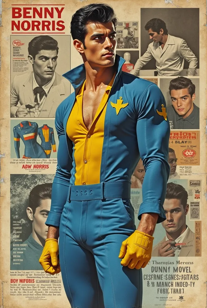 Illustration of 1950's 21 year old muscular beefy bodybuilder hunk stud jet black hair Benny Norris, (wearing Retro futuristic 1950's sci-fi blue and yellow uniform ), (scifi fashion catalogue layout), (several images), (overlapping images), (scfi hero wea...