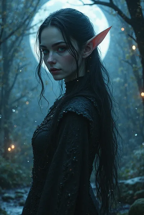 Dark elf illuminated by the moon realistic style 