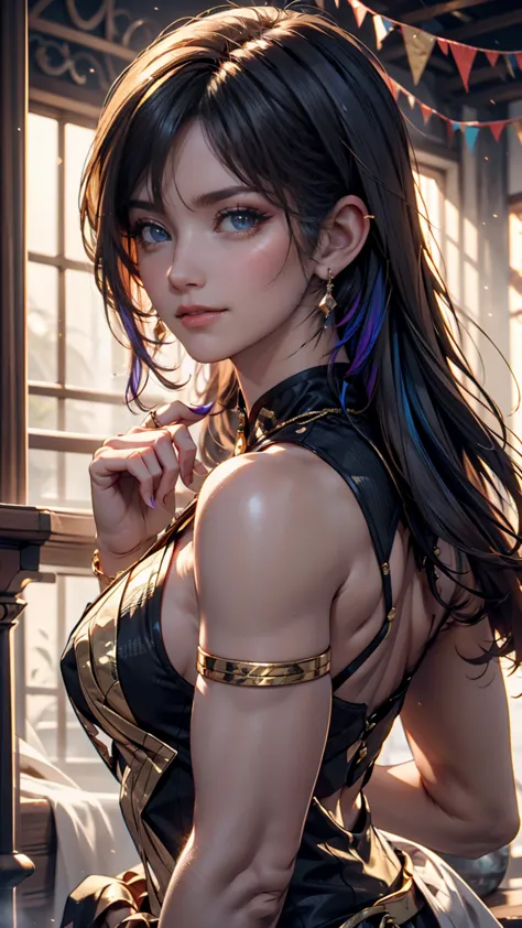 A  with pure white straight hair,  dark skin on the tip of the mouth, Latin ancestry,  purple iris ,  black tactical suit with gold thread、 wearing gold snake-shaped earrings . detailed eyes, detailed face, Complex grunge outfit, cinematic lighting, Realis...