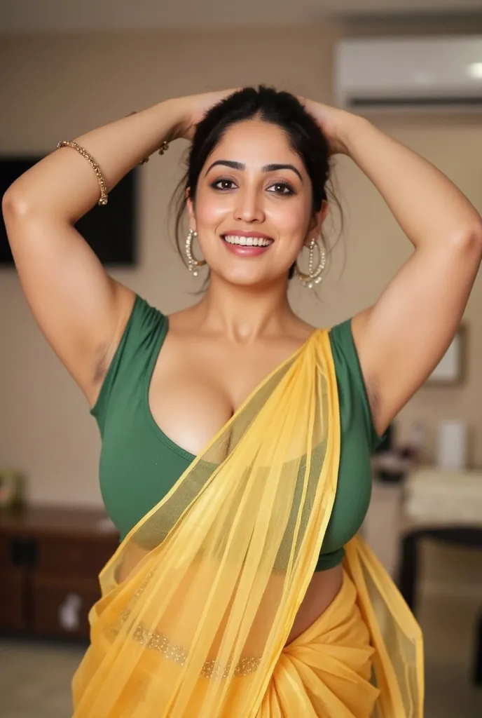 Front view,Generate a photorealistic image of a stunning Indian aunty in her late 30s, Hands stretched up showing dark hairy armpits,wearing a golden transparent saree with a sleeveless green Choli that showcases her smooth, dusky skin. She is a (((voluptu...