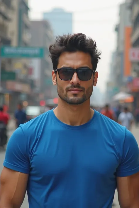 A guy wearing blue t-shirt, black sunglass. Fair skin, gym big body. Trim the hair on both sides of the head. Wavy hair in the middle. Designer stubble. Handsome look. Taking a selfie in Dhaka.