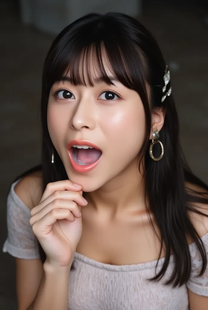 high resolution photo of a young Japanese woman in an off-the-shoulder dress, Fashion Shoot, portrait, Focus on Your FACE, (big breasts, Chest,  down blouse that shifts the chest),  black hair with bangs,  snowy skin , fine skin, (open your mouth wide, whi...