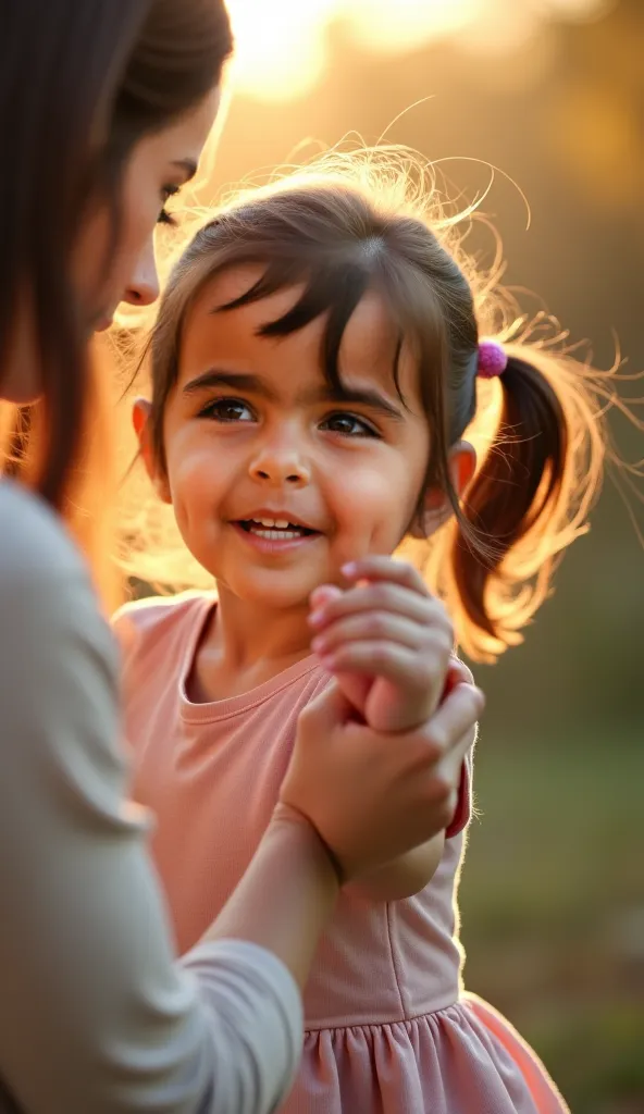 A natural story-style shot of a three-year-old girl holding her mother's hand with warmth. The girl appears in the frame with her innocent, wide eyes full of purity, while the rest of her mother's body remains unseen, focusing only on her hand gently holdi...