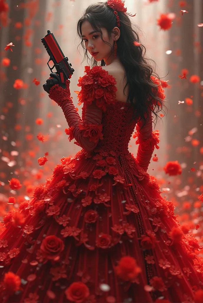 The surface of the dress is dotted with roses。A set of bright red armor slowly surfaced，covers his body。flutters slightly with the orange's heartbeat，The skirt is layered，as if blood is woven on it。The shoulder of the dress is decorated with delicate thorn...