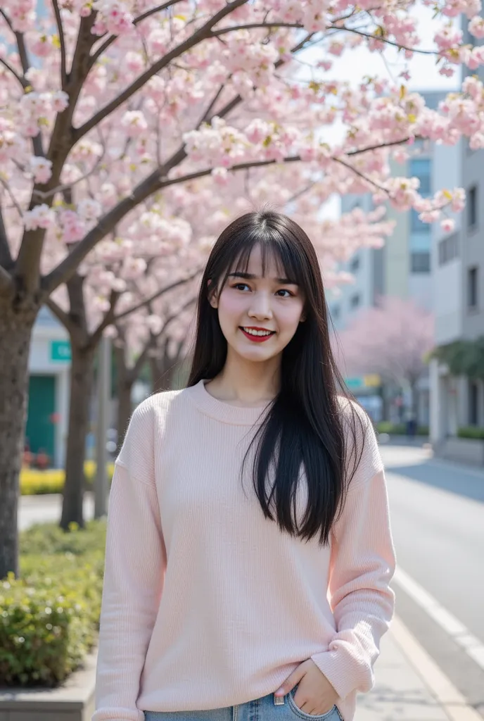 A young Korean girl with a bright smile, standing on a street, captured in a portrait photography style. She has long, straight black hair and wears a stylish, casual outfit. Around her, vibrant flowers bloom on trees lining the roadside, with soft petals ...