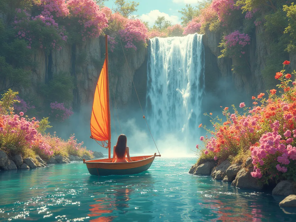 The film is a falling waterfall of flowers, bright colors, a beautiful boat with a bright sail sails in this stream of flowers, one girl with long hair is sitting in her daughter
