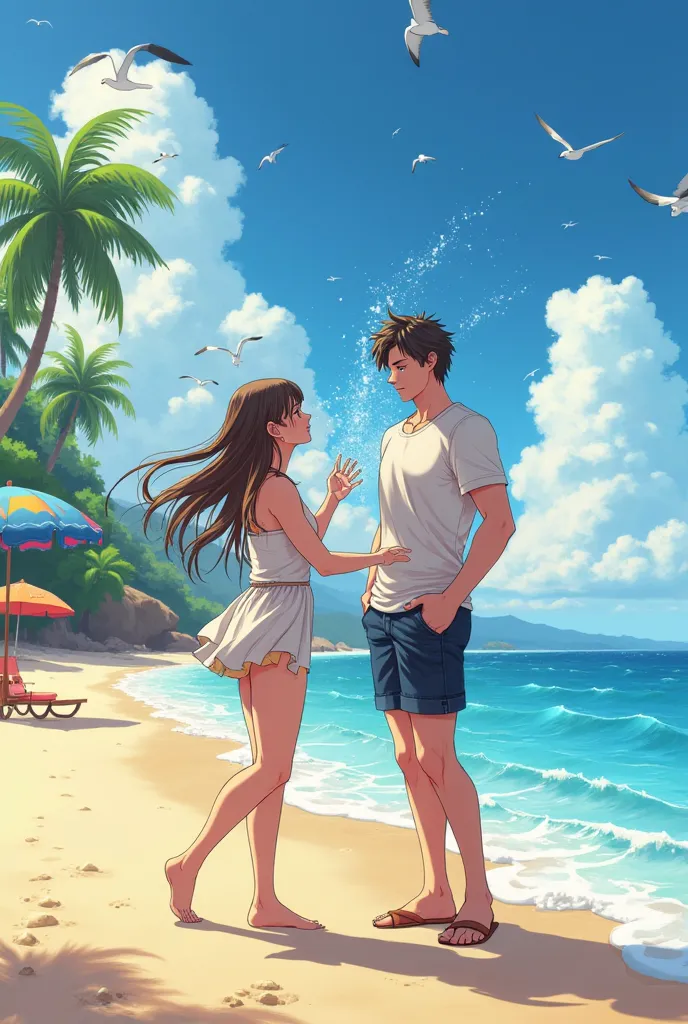 Create an anime couple in a beach