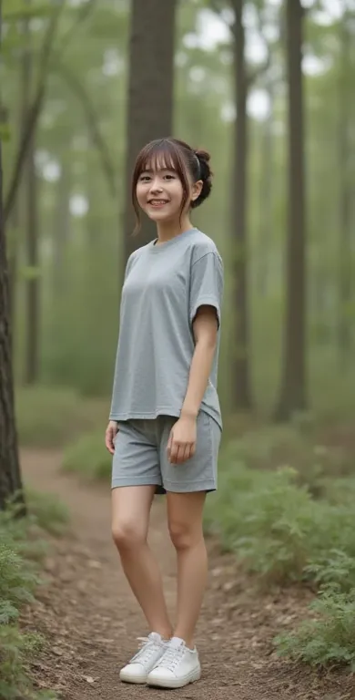 masterpiece, best quality, surreal, Super Detail,  8k resolution for kindergarten ren, RAW photo, clear focus, (Girl in the forest), ((light gray shirt:1.1)), Short sleeve, sports shorts, whole body posture , Lonely, perfect body, Become, Chest 32 inches,(...